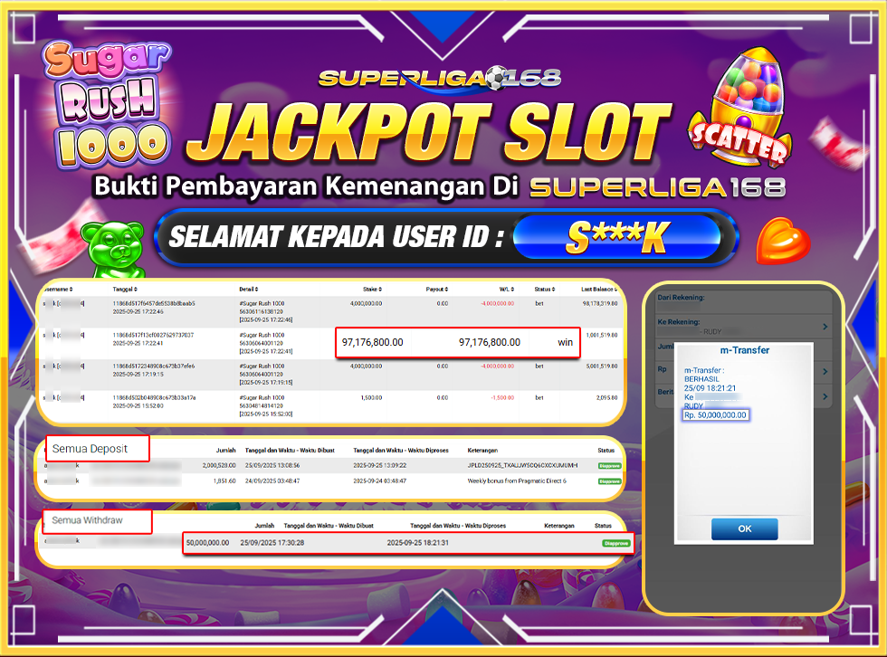 SUPERLIGA168 JACKPOT SUGAR RUSH 1000 Rp.50,000,000-LUNASSSSSS
